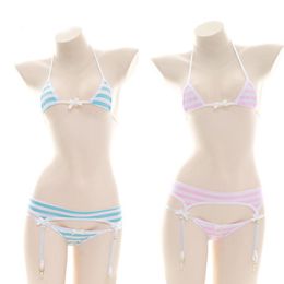 Bras Sets Japanese Sexy Lingerie Women Lolita Kawaii Blue Pink White Striped Mini Bikini Adult Cosplay Costumes Bra Underwear Set