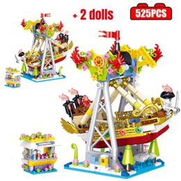 City Mini Amusement Park Building Blocks Pirate ship Car Carousel Roller Coaster Model Figures Bricks Toys for Girls Gift Q0624