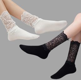 Spring Retro Loose Women Japanese School Style Sexy Black White Lace Cotton Socks Fashion Girls Female Socks Heap