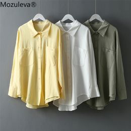 Mozuleva Basic White Shirts for Women Spring Summer Turn-down Collar Double Pockets Office Ladies Blouse Female Tops Blusas 210225