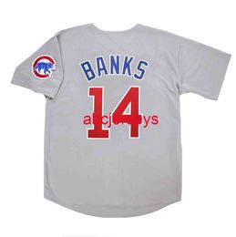 Stitched Custom Ernie Banks Grey Road Jersey w/ Team Patch add name number Baseball Jersey