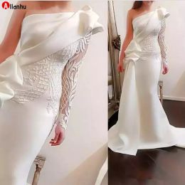 NEW! Elegant One Shoulder Mermaid Evening Dresses 2022 White Long Sleeves Evening Gowns Satin Ruched Ruffles Applique Formal Dress