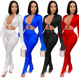 Zoctuo Solid Sexy Two Piece Sets Autumn Winter Petal Sleeve Women'S Set Outfits Cut Out Tops Slit Trousers Set Club Tracksuit Y0625