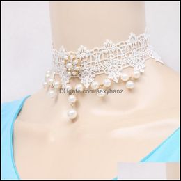 & Pendants Motorlike Chokers Fashion Elegant Vintage Imitation Pearl White Lace Statement Choker Necklaces Bridal Jewellery For Women Wedding