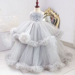 Silver Pearls 2021 Flower Girl Dresses Ball Gown Tulle Spaghetti Little Girl Wedding Dresses Vintage Communion Pageant Dresses Gowns F2142