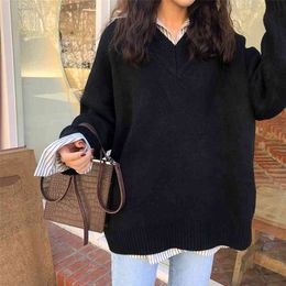 5 Colours korean style loose v neck solid Colour knitted warm sweaters womens sweaters and pullovers (X164) 210917
