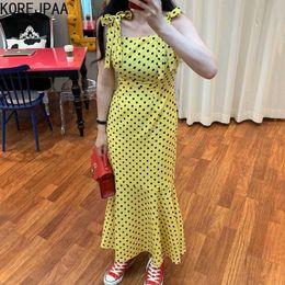 Korejpaa Women Dress Summer Korean Western Style Retro Square Collar Wavelet Point Strap Bowknot Fishtail Suspender Vestido 210526