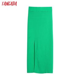 Tangada Women Green Knit Midi Skirt Faldas Mujer Vintage Strethy Waist Office Ladies Elegant Chic Mid Calf Skirts BE953 210708