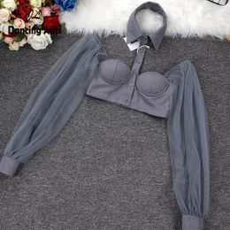 Shirt Women Blouses Woman Blouse Off Shoulder Long Leeve Polo Shirts Mesh Halter Elegant Sexy Crop Top 210225