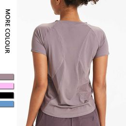 L-045 Women's Mesh Back Breathable Yoga Sports Tops Solid Colour Quickly Dry Shirt Running Fitness Casual Gym Clothes Women Short Sleeve Tee T-Shirt
