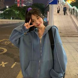 zip-up Women Korean Style hoodies Vintage Solid Colour Long Sleeve Oversized Hooded Sweatshirt Lady Casual Large Coats 210803
