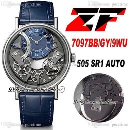 ZF Tradition 7097BB/GY/9WU 505 SR1 Power Reserve Automatic Mens Watch 40mm Steel Case Skeleton Blue Dial Leather Strap Super Edition 2021 Watches Puretime A1