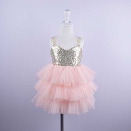 Girls Pink Sequin Dress Children Cake Tutu Layered Sling Sundress Bling Kids Party 210529