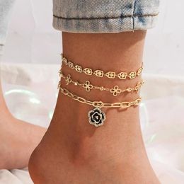 3pcs/sets Luxury Flowers Foot Chain Gold Color Alloy Metal Geoemtry Bead Anklet for Women Jewelry Barefoot Sandals