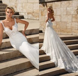 Alluring Mermaid Wedding Dresses 2021 Expensive Lace Applique Deep V-neck Spaghetti Wedding Gowns Fishtail Bridal GownsVestidos De Novia