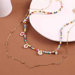 2 Pcs/Set Fashion Gold Colour Metal Chain Necklace For Women Multicolor Beaded Handmade Flower Pendants Necklace Jewellery Gifts