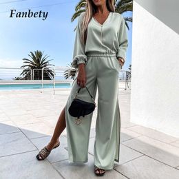 Elegant Women Solid Two Piece Sets 2021 Spring Summer Fashion V-Neck Tops And Split Wide Leg Pants Set Office Lady Loose Outfits Y0625