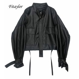 Fitaylor Autumn Women Faux Soft Pu Motorcycle Leather Jacket Casual Loose Black Faux Leather Punk Zipper Overcoat 211007