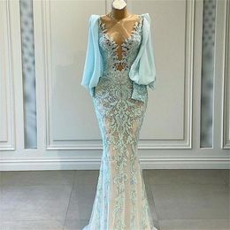neckline applique UK - Modern Mermaid Evening Dresses Loose Long Sleeve Prom Gowns Lace Applique Sheer Neckline Sexy Party Dress