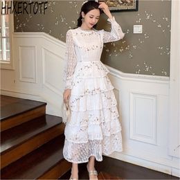 Spring fashion Elegant Women white/pink Lace embroidery Patchwork Long Sleeve Slim Cake Dresses 210531