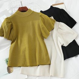 Spring Knitted Tops Women Short Sleeve T shirt Korean Fashion Autumn Knit Pullovers T-shirt Tee Shirt Femme Tshirt Knitwear 210302