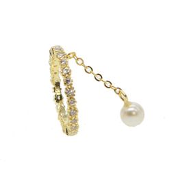 Wedding Rings Engagement Ring For Women Band Zircon Gold Color Crystal With White Pearl Long Tassel