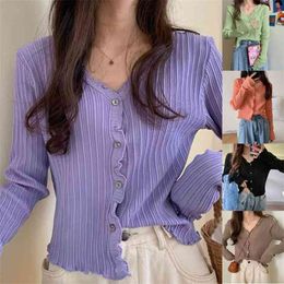 Women Summer Long Sleeve Sunscreen Cardigan Ribbed Knit Ruffles Sweater Crop Top Button Down Solid Colour V-Neck Outwear 210922