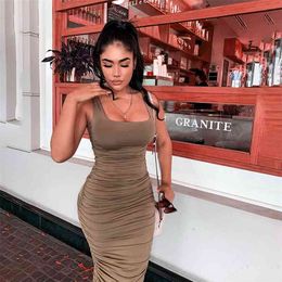 Summer Women Dress Solid Sexy Ruched Bodycon Bandage Square Neck Sleeveless Backless Skinny Party Club Midi 210603
