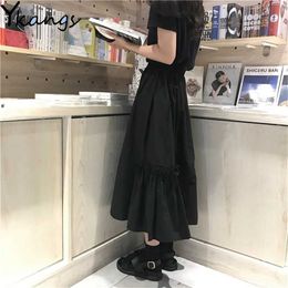 Vintage Black Gothic Ruffled Elastic High Waist Long Skirts Women Loose Summer Wild Pleated Skirt Students Korean Casual Midi 210619