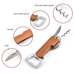 Openers Wooden Handle Bottle Opener Keychain Knife Pulltap Double Hinged Corkscrew Stainless Steel Key Ring Opening Tools Bar durable