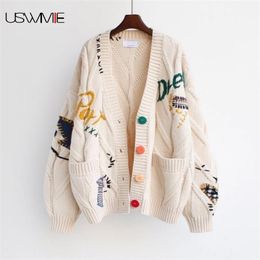 Cardigan Women Autumn Winter Outwear Lazy Sweater Embroidery Long Sleeve V-neck Single-breasted Warm Fashion Loose Lady Coat 211011