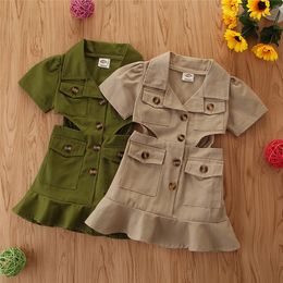 fashion girls short sleeve solid outwear Overalls dresses kids baby girls clothing packet buttons dress children clothes 2-7Y Q0716