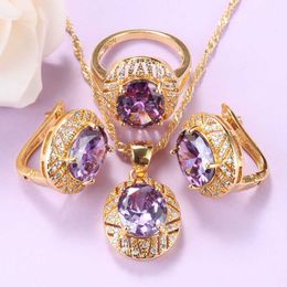 African Bridal Yellow Gold Colour Big Jewellery Set For Women Purple Crystal Clip Earrings And Necklace Luxurious Dubai Jewellery H1022