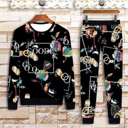 autumn long-sleeved two-piece men's letter printed clothing 3D Chinese style printed casual sportswear suit 210722
