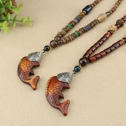 Pendant Necklaces Handmade Vintage Talisman Ethnic Nepal Necklace Buddhist Mala Wood Beaded Fish Long Statement Sweater