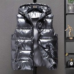 Size 5XL 6XL Men Thicken Hooded Vest Winter Warm Cotton-Padded Solid Colour Waistcoat Waterproof Windprrof Big Zipper 211105