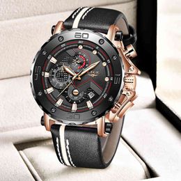 2021 Fashion Sport Men Watches Lige Top Brand Luxury Big Dial Military Quartz Clock Leather Waterproof Chronograph Watch for Men Q0524