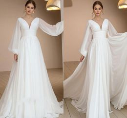 Simple Sexy Puff Sleeves Chiffon Boho Wedding Dress Bridal GownsV-Neck Ruched Drapped Sweep Train Special Occasion Dresses Custom Made Vestido De Noiva