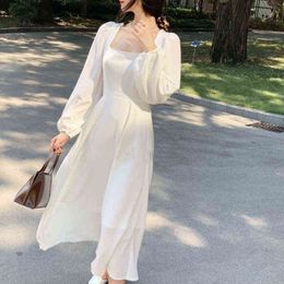 French Vintage White Midi Dress Women Casual Long Sleeve 2021 Autumn Clothes Korea Evening Party Pure Color Dress Office Lady Y1204