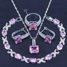 Silver Color Bridal Jewelry Princess Pink Zircon Jewelry Sets For Women Earrings/Pendant/Necklace/Rings/Bracelet Sets H1022
