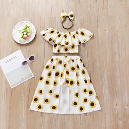 Girls Sunflower Off Shoulder Tops+Skirts Set Summer 2021 Kids Boutique Clothing Unique Children Pantskirts 2 PC Suit