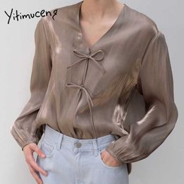 Yitimuceng Casual Blouse Woman Loose Bow Lace Up Office Lady Tops Korean Fashion Long Sleeve Coffee White Spring Summer 210601