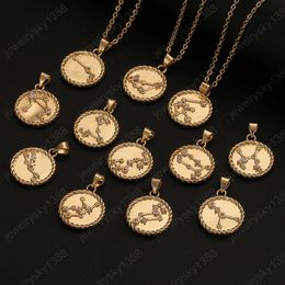 12 Zodiac Sign Necklace gold chain Copper Libra Crystal coin Pendants Charm Star Choker Astrology Necklaces for women fashion jewelry
