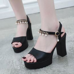 Women Pearls Sandals String Bead White Wedding Shoes Black Peep Toe High Heels Platform Shoes Ankle Strap mujer 8900N
