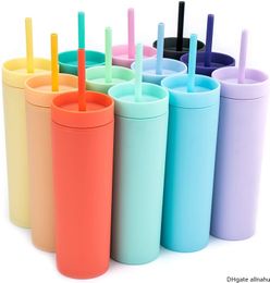 16oz Acrylic Tumblers With Lid Straws Plastic Tumbler Double Wall Milk Coffee Cups Matte Candy Colors Slim Cup For Travel FY4409