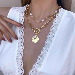 AENSOA Punk Hip Hop Shell Pendant Retro Chunky Women Men Link Chain Pearl Lock Necklace Collar Fashion Female Jewellery