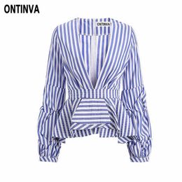 Sexy Deep V Neck Blue Striped Blusas 5XL Plus Size Women Vintage Puff Sleeve Ruffles Trim Slim Waist Shirts Femininas Blouses 210527