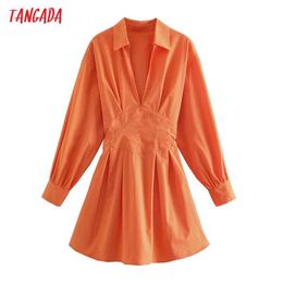 Tangada Fashion Women Orange Back Lace Up Shirt Dress Long Sleeve Ladies Mini Dress AB09 210609