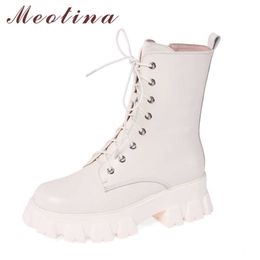 Meotina Genuine Leather Platform High Heel Mid Calf Boots Women Shoes Zipper Lace Up Thick Heels Motorcycle Boots Autumn Winter 210608