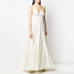 Fashionable And Elegant Dress Female V-Neck Button Sleeveless Powder Pink Strap High Waist Wrinkled Summer 210527